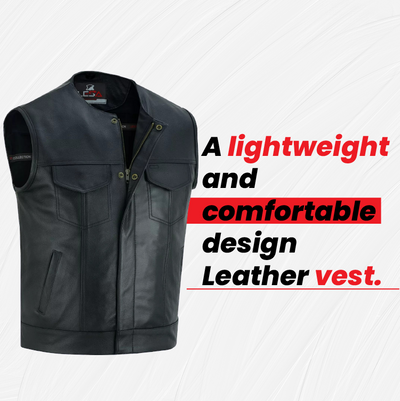 Lesa Collection  Men's Black Textile and Leather Multi Closer  Zipper and studs  Front Moto Vest