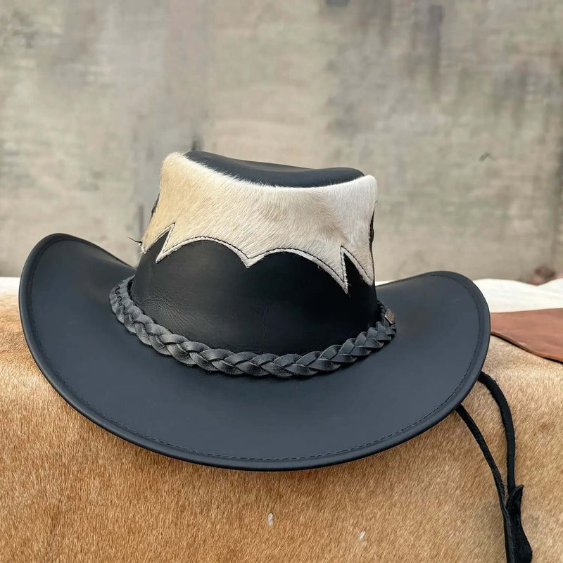 Lesa Collection Tri Leather Cowboy Hat with Faux Fur Trim - Western Style Unisex Outback Hat with Braided Band