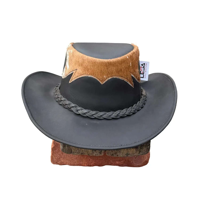 Lesa Collection Tri Leather Cowboy Hat with Faux Fur Trim - Western Style Unisex Outback Hat with Braided Band