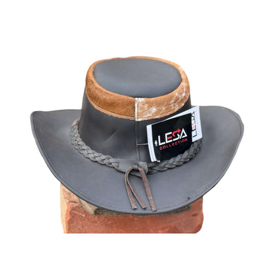 Lesa Collection Tri Leather Cowboy Hat with Faux Fur Trim - Western Style Unisex Outback Hat with Braided Band