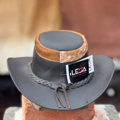 Lesa Collection Tri Leather Cowboy Hat with Faux Fur Trim - Western Style Unisex Outback Hat with Braided Band