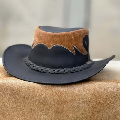 Lesa Collection Tri Leather Cowboy Hat with Faux Fur Trim - Western Style Unisex Outback Hat with Braided Band