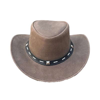 Lesa Collection Unisex Vintage Leather Cowboy Hat with Barrie Leather Band and Metal Accents