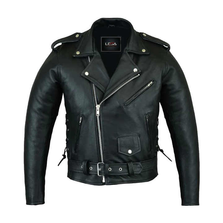 Men’s Black Leather Motorcycle Jacket – Classic Brando Cowhide Biker Jacket with Belted Waist, Asymmetrical Zipper &amp; Quilted Lining
