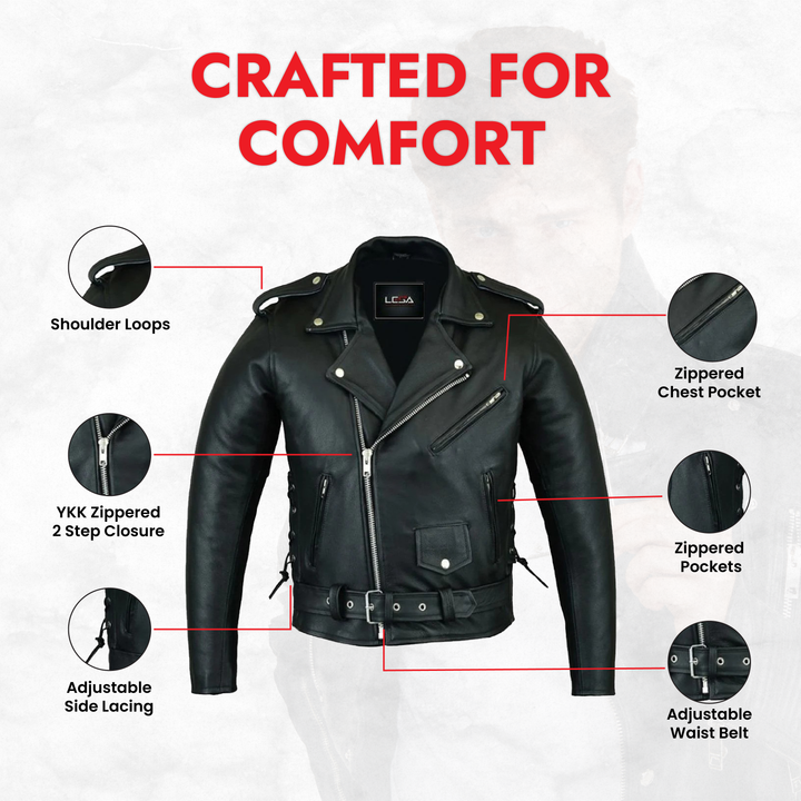 Men’s Black Leather Motorcycle Jacket – Classic Brando Cowhide Biker Jacket with Belted Waist, Asymmetrical Zipper &amp; Quilted Lining