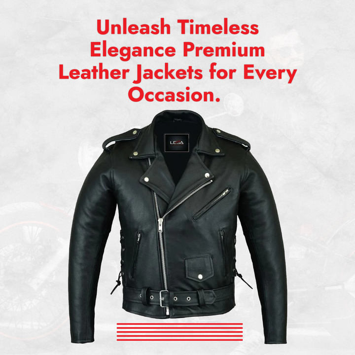 Men’s Black Leather Motorcycle Jacket – Classic Brando Cowhide Biker Jacket with Belted Waist, Asymmetrical Zipper &amp; Quilted Lining