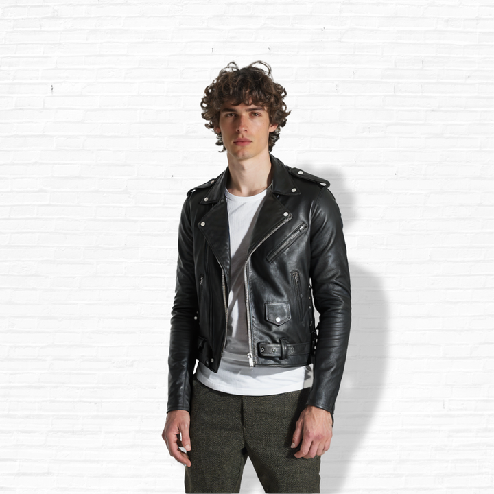 Men’s Black Leather Motorcycle Jacket – Classic Brando Cowhide Biker Jacket with Belted Waist, Asymmetrical Zipper &amp; Quilted Lining