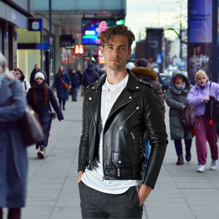 Men’s Black Leather Motorcycle Jacket – Classic Brando Cowhide Biker Jacket with Belted Waist, Asymmetrical Zipper &amp; Quilted Lining