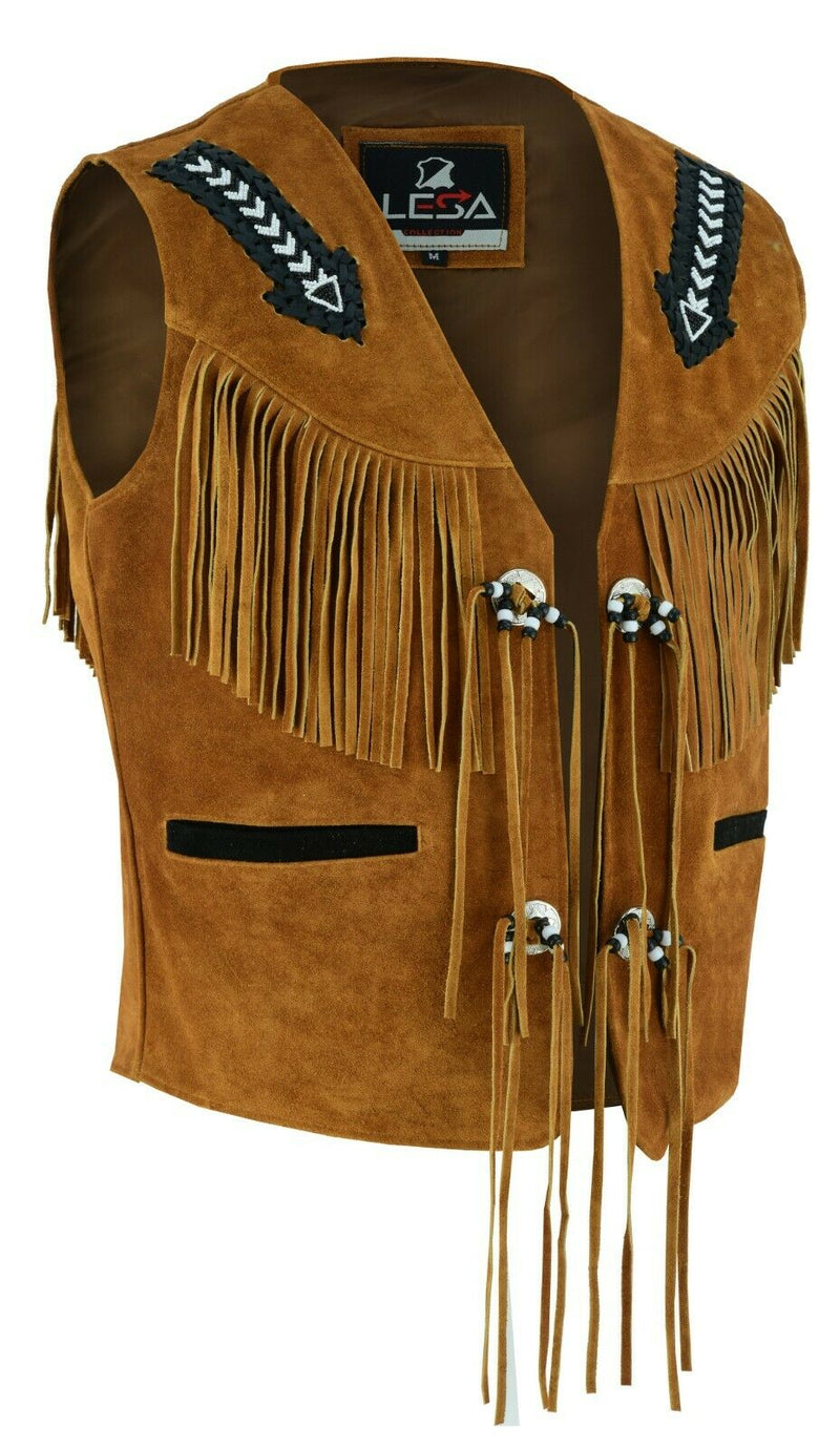 Tan Brown Suede Leather Western Cowboy With Fringe Native American Waistcoat