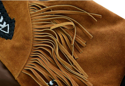 Tan Brown Suede Leather Western Cowboy With Fringe Native American Waistcoat