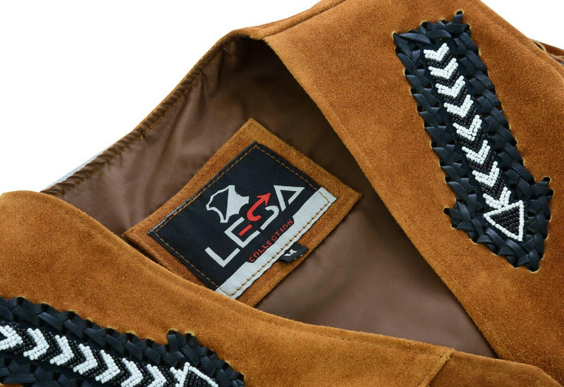 Tan Brown Suede Leather Western Cowboy With Fringe Native American Waistcoat