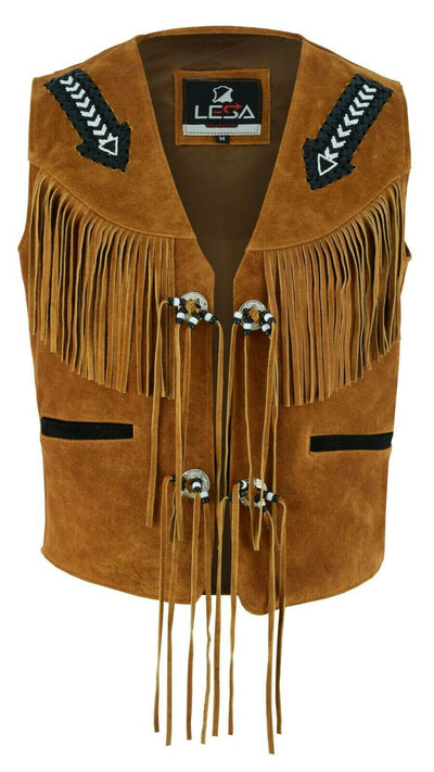 Tan Brown Suede Leather Western Cowboy With Fringe Native American Waistcoat