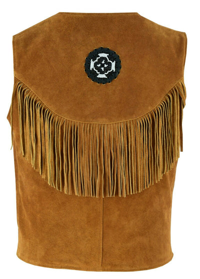 Tan Brown Suede Leather Western Cowboy With Fringe Native American Waistcoat