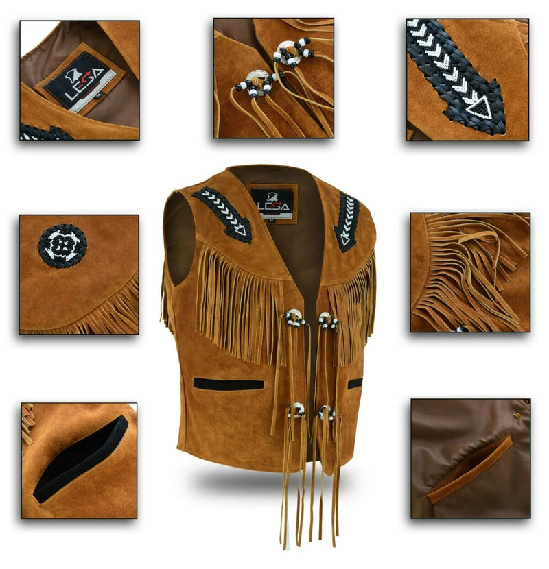 Tan Brown Suede Leather Western Cowboy With Fringe Native American Waistcoat