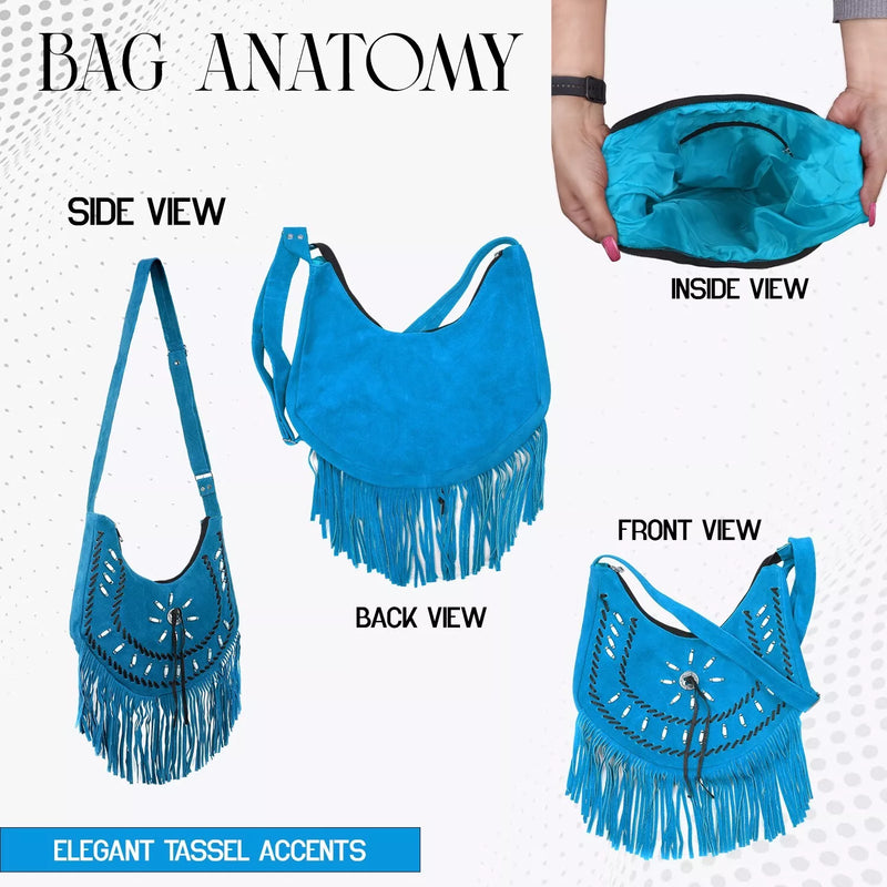 Lesa Collection Premium Western Fringe Purse Cyan Blue with Adjustable Straps - Stylish Suede Leather Fringe Bag for Women