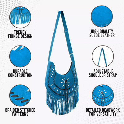 Lesa Collection Premium Western Fringe Purse Cyan Blue with Adjustable Straps - Stylish Suede Leather Fringe Bag for Women