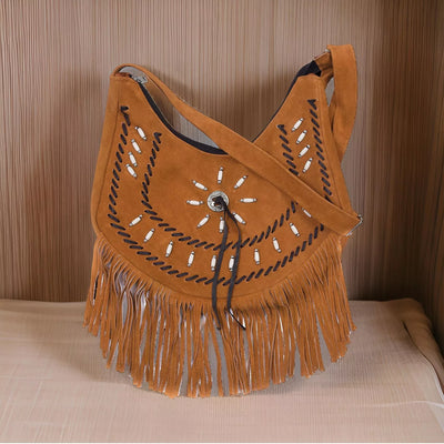 Lesa Collection Premium Western Fringe Purse Medium Brown with Adjustable Straps - Stylish Suede Leather Fringe Bag for Women