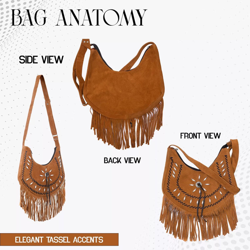 Lesa Collection Premium Western Fringe Purse Medium Brown with Adjustable Straps - Stylish Suede Leather Fringe Bag for Women