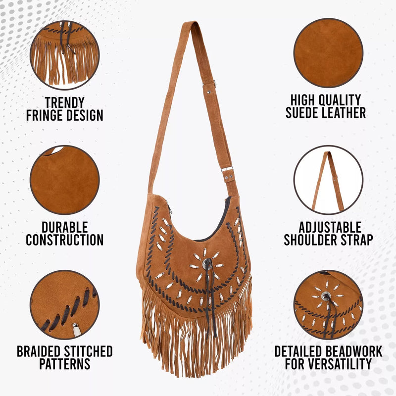 Lesa Collection Premium Western Fringe Purse Medium Brown with Adjustable Straps - Stylish Suede Leather Fringe Bag for Women