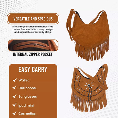 Lesa Collection Premium Western Fringe Purse Medium Brown with Adjustable Straps - Stylish Suede Leather Fringe Bag for Women