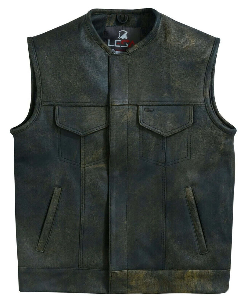 Leather Biker Vest – Distressed Brown ‘Dual Closure’ Vintage Vest with Gun Pocket