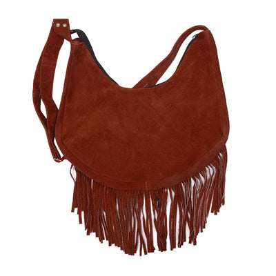 Lesa Collection Premium Western Fringe Purse Reddish Brown with Adjustable Straps - Stylish Suede Leather Fringe Bag for Women