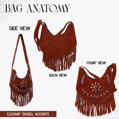 Lesa Collection Premium Western Fringe Purse Reddish Brown with Adjustable Straps - Stylish Suede Leather Fringe Bag for Women