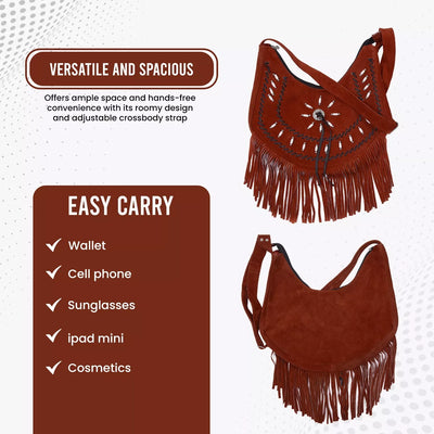 Lesa Collection Premium Western Fringe Purse Reddish Brown with Adjustable Straps - Stylish Suede Leather Fringe Bag for Women