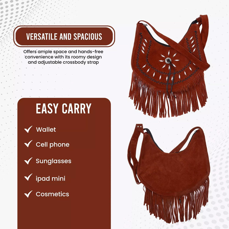 Reddish Brown Fringe Crossbody Purse Stylish Suede Leather Boho Bag for Women