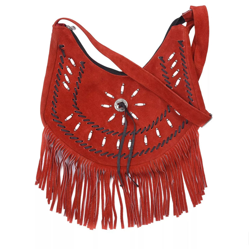 Lesa Collection Premium Western Fringe Purse Rusty Red with Adjustable Straps - Stylish Suede Leather Fringe Bag for Women