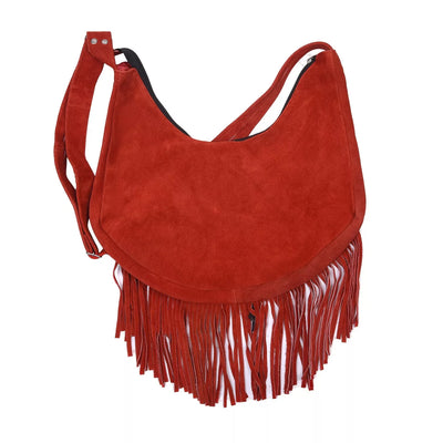 Lesa Collection Premium Western Fringe Purse Rusty Red with Adjustable Straps - Stylish Suede Leather Fringe Bag for Women