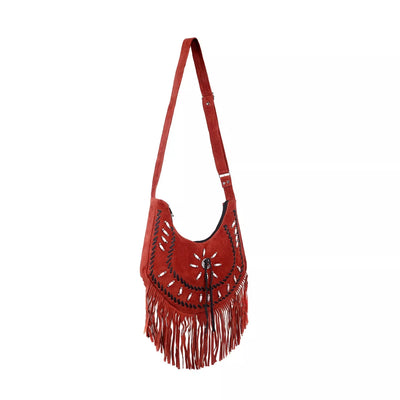 Lesa Collection Premium Western Fringe Purse Rusty Red with Adjustable Straps - Stylish Suede Leather Fringe Bag for Women