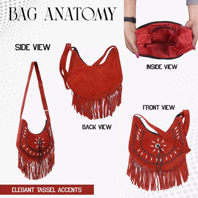 Lesa Collection Premium Western Fringe Purse Rusty Red with Adjustable Straps - Stylish Suede Leather Fringe Bag for Women