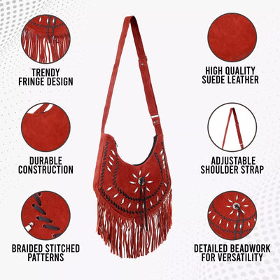 Lesa Collection Premium Western Fringe Purse Rusty Red with Adjustable Straps - Stylish Suede Leather Fringe Bag for Women