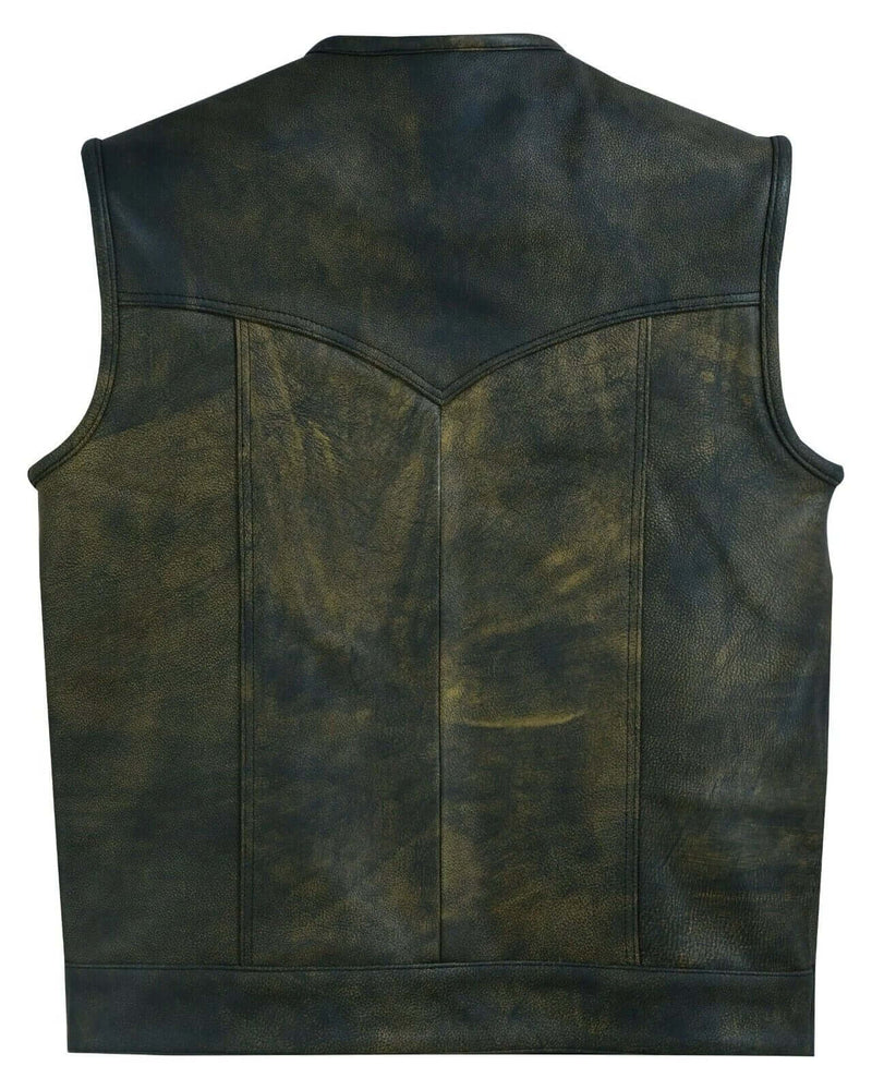 Leather Biker Vest – Distressed Brown ‘Dual Closure’ Vintage Vest with Gun Pocket