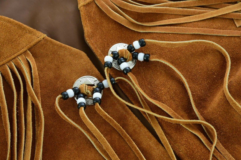 Tan Brown Suede Leather Western Cowboy With Fringe Native American Waistcoat