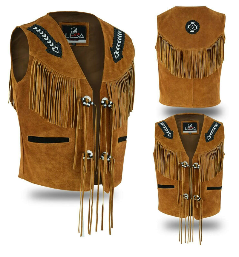 Tan Brown Suede Leather Western Cowboy With Fringe Native American Waistcoat