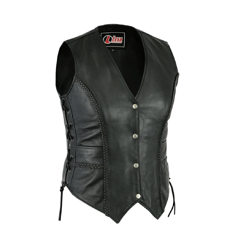 Lesa Collection Ladies black ladies vest Side Laces Motorcycle Style Biker Women&