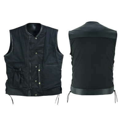 Men's Black 'Side Lace' Textile biker vest Zipper Front No Collar