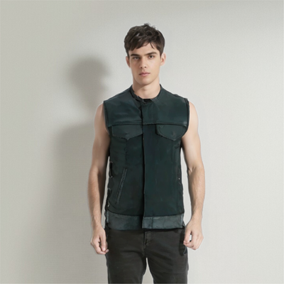 Men's Black 'Side Lace' Textile biker vest Zipper Front No Collar