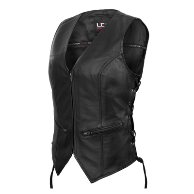 Lesa Collection Women's Genuine Leather V-Neck Ladies Vest - Womens Biker Vest with Zippered Pockets