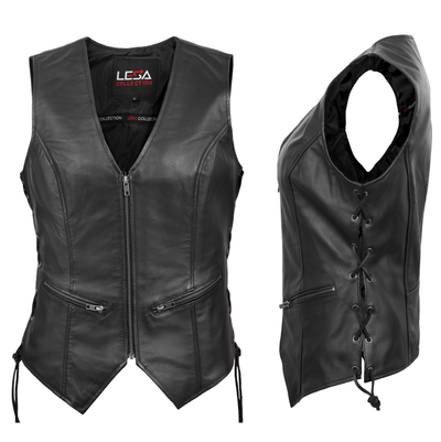 Lesa Collection Women's Genuine Leather V-Neck Ladies Vest - Womens Biker Vest with Zippered Pockets