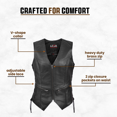 Lesa Collection Women's Genuine Leather V-Neck Ladies Vest - Womens Biker Vest with Zippered Pockets