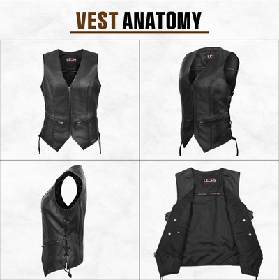 Lesa Collection Women's Genuine Leather V-Neck Ladies Vest - Womens Biker Vest with Zippered Pockets