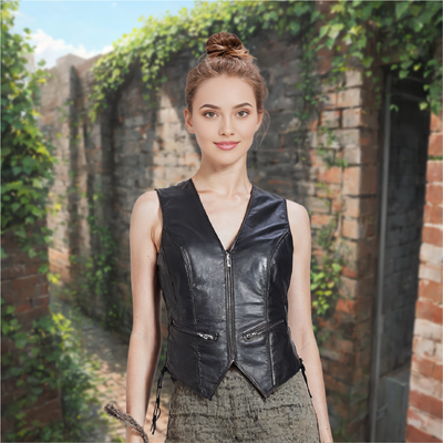 Lesa Collection Women's Genuine Leather V-Neck Ladies Vest - Womens Biker Vest with Zippered Pockets