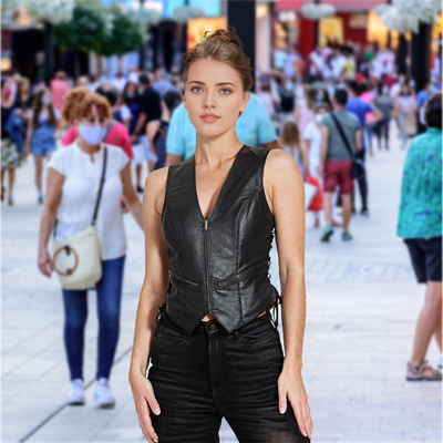 Lesa Collection Women's Genuine Leather V-Neck Ladies Vest - Womens Biker Vest with Zippered Pockets